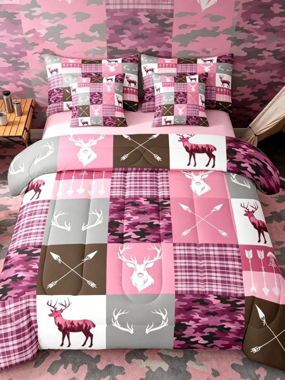 Deer Comforter Set Twin Size 7 Pieces Pink Deer Hunting Bedding Set for Kids Boy